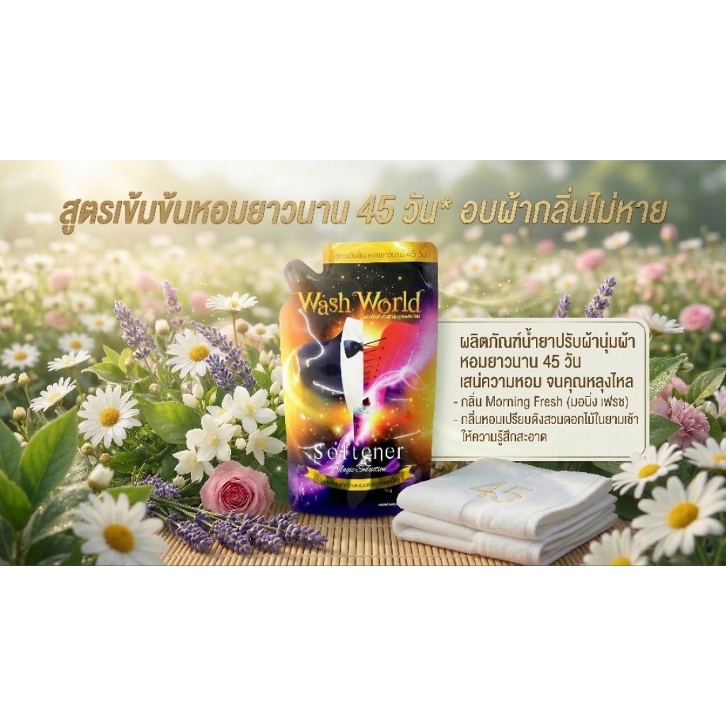 ผลิตภัณฑ์ปรับผ้านุ่ม Wash World สูตรพรีเมี่ยมเข้มข้นหอมนาน45วัน อบผ้ากลิ่นไม่หาย