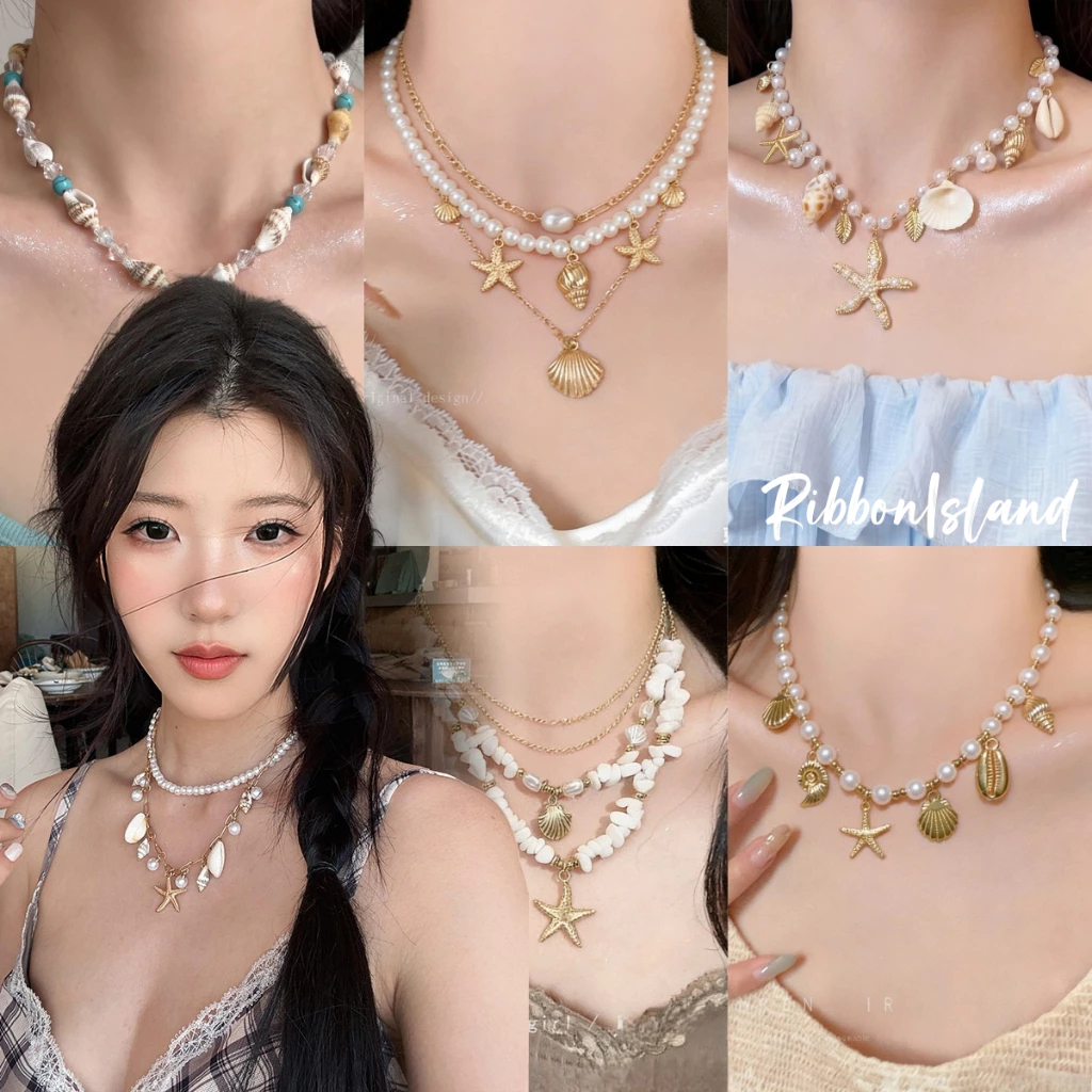 สร้อยคอ necklace สไตล์เกาหลี ins แฟชั่น สำหรับผู้หญิง เปลือกหอย ไข่มุก ดาวทะเล หลายชั้น ริมทะเล วันหยุดพักผ่อน COD