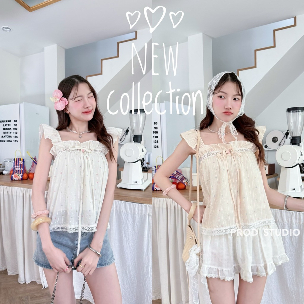 Prod studio เสื้อสายเดี่ยวแขนระบาย แต่งลูกไม้