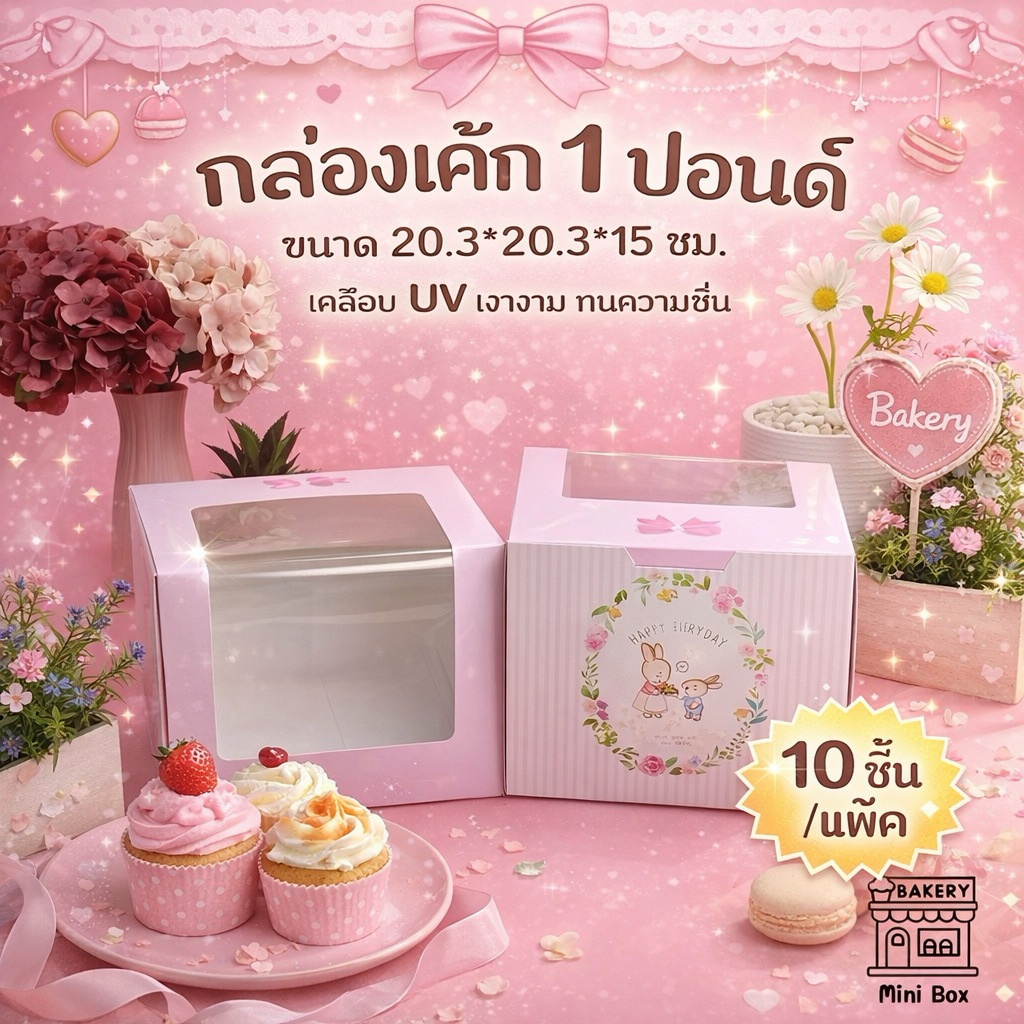 กล่องเค้ก 1 ปอนด์ พิมพ์ลาย pink rabbit ทรงสูง 15 ซม. หน้าต่างเปิดกว้าง เคลือบUV (10ชิ้น/แพ็ค)