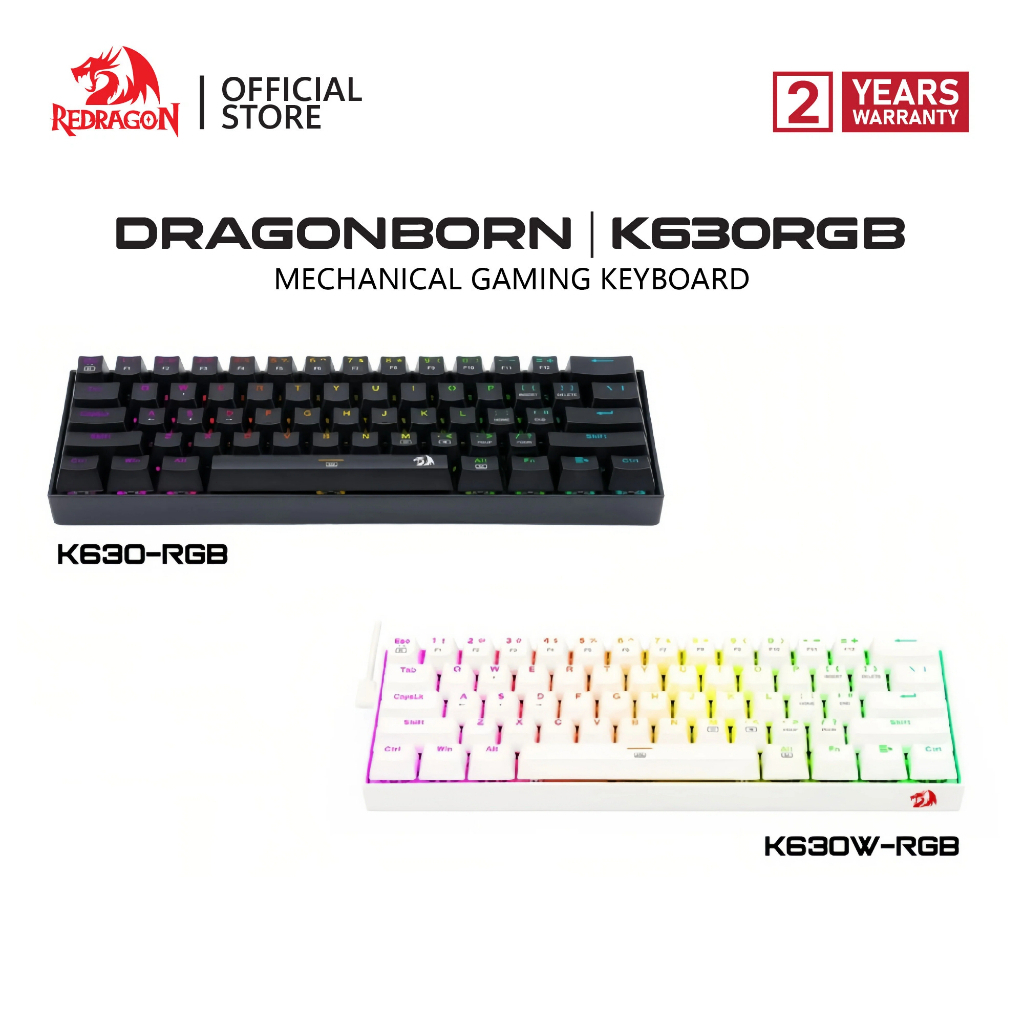 Redragon K630 Dragonborn 60% คีย์บอร์ดเกม RGB แบบมีสาย 61 คีย์คีย์บอร์ดขนาดกะทัดรัดพร้อม Linear Red 