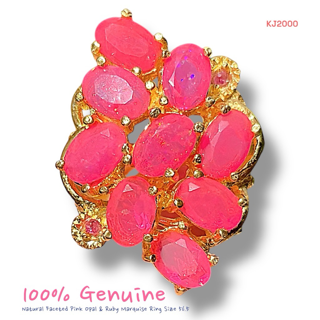 KJ2000 แหวน Pink Opal แซมทับทิมชมพูดีไซน์ดอกไม้ ทรงมาคีส์ ขนาดแหวน 56.5