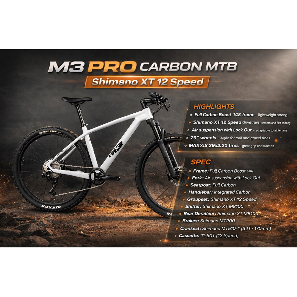 จักรยานเสือภูเขา MTB Carbon 29 นิ้ว TWITTER M3 PRO 2026 | Shimano XT 12 Speed | ล้อ 29” เฟรมคาร์บอนแท้