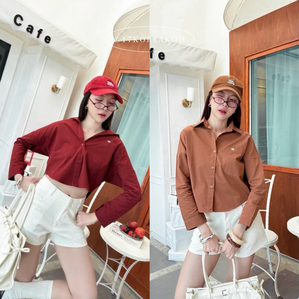 🌻เสื้อเชิ้ตคอปกแขนยาวทรงหน้าสั้นหลังยาว ดีเทลกระดุมหน้าใช้งานได้จริง (Cookies bear)