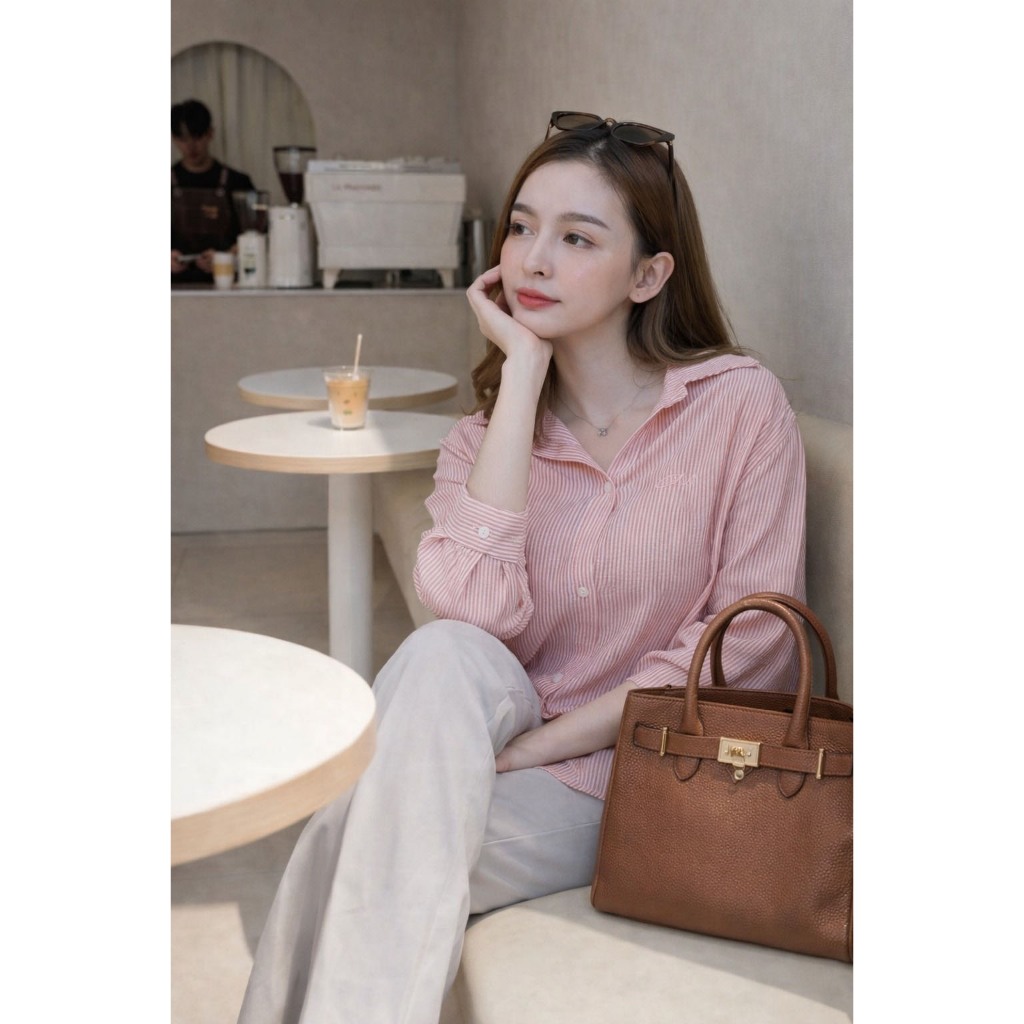 🔥Chanan☘️ เสื้อเชิ๊ตลายริ้ว ผ้าซักเกอร์ใส่สบาย มี 5 สีสวยขับผิว Freesize รุ่น CN02