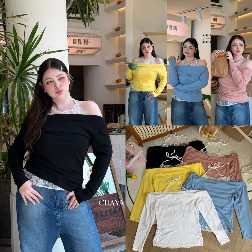 (LD) เสื้อแขนยาวปาดไหล่ ดีเทลลูกไม้คล้องคอ (รุ่นสีสันสดใส) น่ารักมาก สีเริ่ด ย่นเอว เอวสับ เสื้อผ้าสาวอวบอ้วน ไซส์ใหญ่
