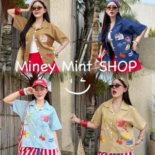 miniminey🎀 เชิ้ตทรงใหม่ ทรงโอเวอร์ไซส์แขนสั้นชายโค้ง สกรีนเต…