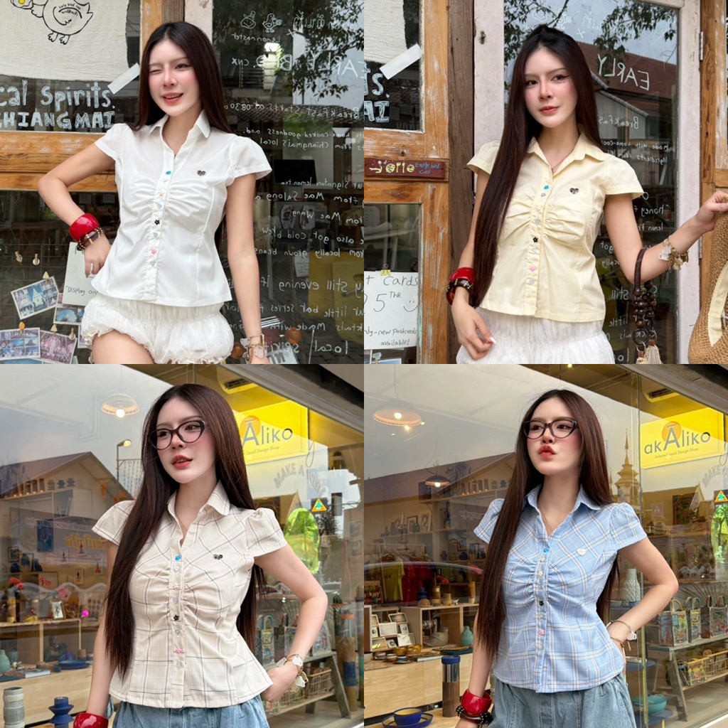 Cookies bear เสื้อเชิ้ตคอวี จีบอก