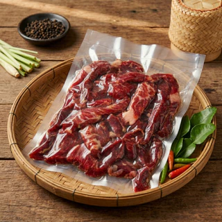 เนื้อโคขุนแดดเดียว เนื้อติดมันแดดเดียว 500 กรัม ชิ้นใหญ่ สูตรโบราณ หอม อร่อย รสชาติเนื้อเข้มข้น