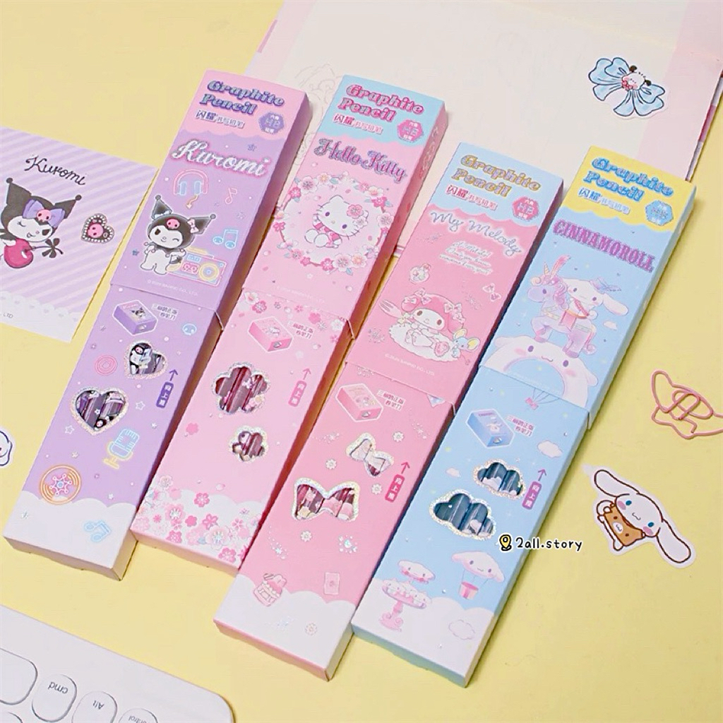Sanrio เซ็ทดินสอไม้ HB 12 ด้าม พร้อมกบเหลา ลายซาริโฮโลแกรม กล่องเลื่อน No.SR010162