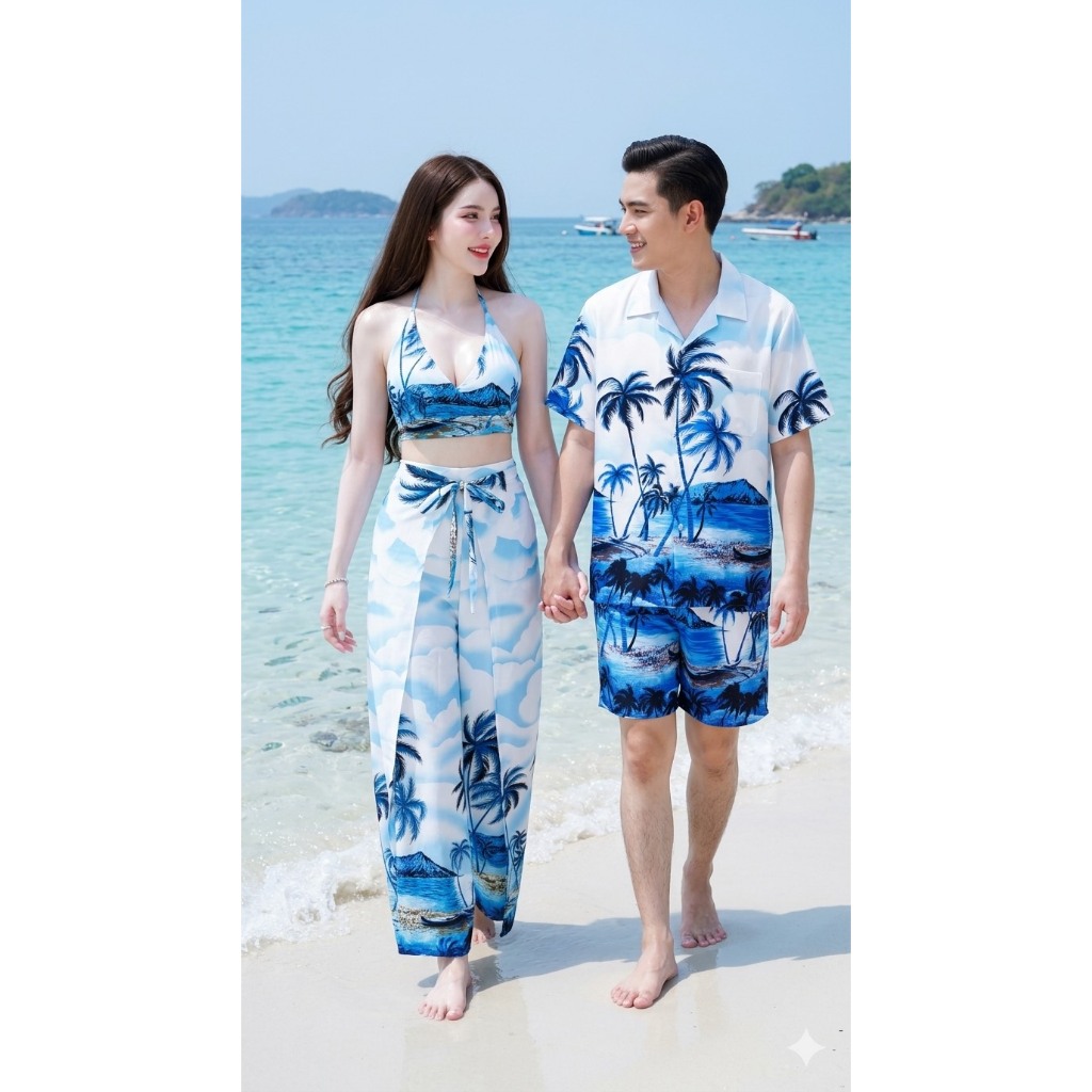 HAWAII SHIRTชุดคู่รักไปทะเล ลายมะพร้าว ชุดเซ็ตผู้ชาย ชุดบิกินี่+กางเกง4สาย ราคาถูก Shopee Lazada