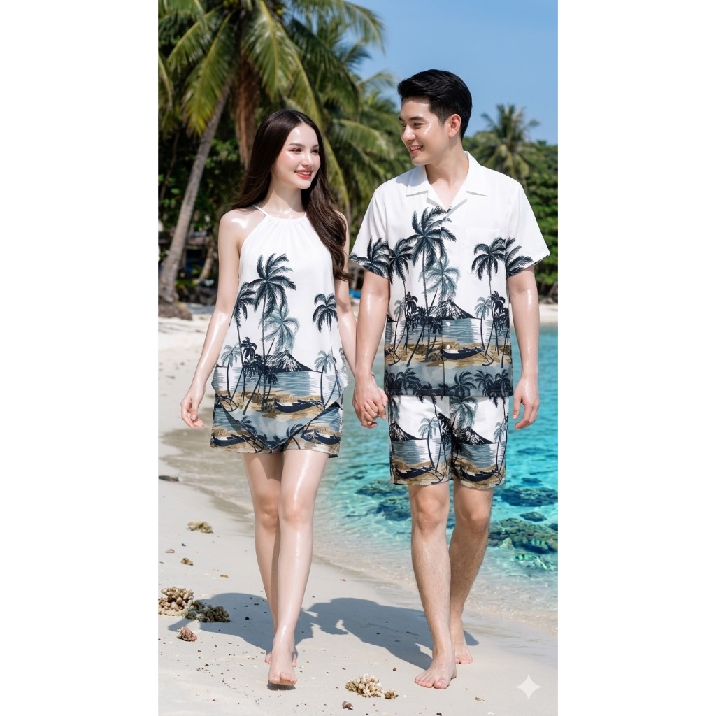 HAWAII SHIRTชุดคู่รักไปทะเล ลายมะพร้าว ชุดเซ็ตผู้ชาย ชุดเสื้อสามเหลี่ยม+กางเกงขาสั้น ราคา ถูกที่สุด ดีลบีเคเค แกลเลอรีภาพที่ 2
