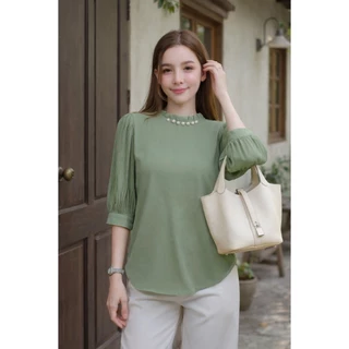 🔥Chanan☘️ 0548 เสื้อชีฟองผสมเกรดดี คอกลมระบายเล็กๆแต่งไข่มุก สีพื้นเรียบหรู ใส่ออกงาน ใส่เที่ยว เสื้อผู้หญิง มี5สี