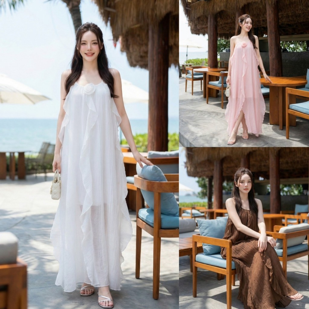 BasicShop J1911 แม็กซี่เดรสสายเดี่ยวแต่งระบายรอบตัว