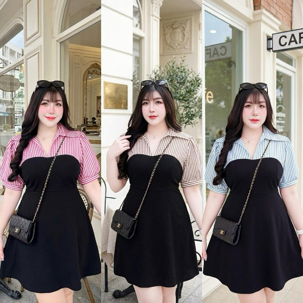 มินิเดรสทูโทนลายริ้ว สำหรับสาวอวบอ้วนใส่พรางหุ่น ลุคคุณหนู มีสายผูกเอวเข้ารูป อก46ยืดสุด54