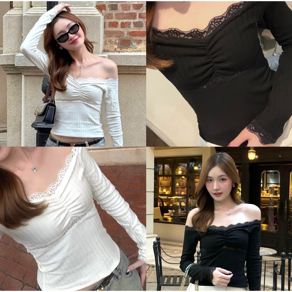 Roselune Top-เสื้อปาดไหล่ดีเทลลูกไม้แขนยาว ผ้าร่องคุณภาพดี ได้ลุคลูกคุณน่ารัก ฟีลเจ้าหญิงเบาๆ