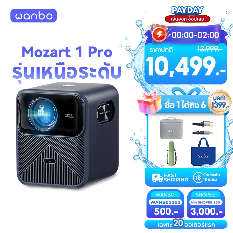 [NEW Flagship] Wanbo Mozart 1 Pro 1200 ANSI Projector Netflix 4K ออนไลน์ โปรเจคเตอร์ Google TV OS AS