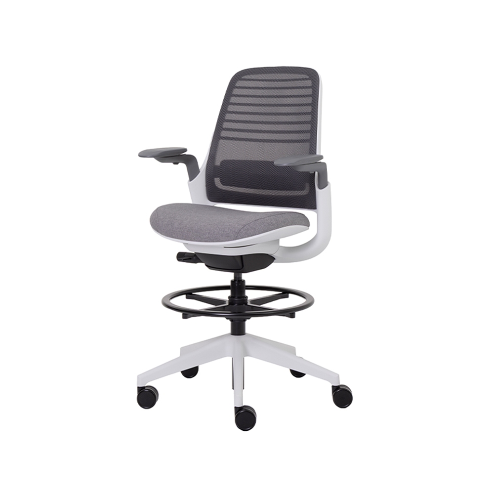 Modeernform เก้าอี้สตูล Steelcase รุ่น Series 1 โครงขาว พนักพิงกลาง เบาะหุ้มผ้าเทา พนักพิงตาข่าย