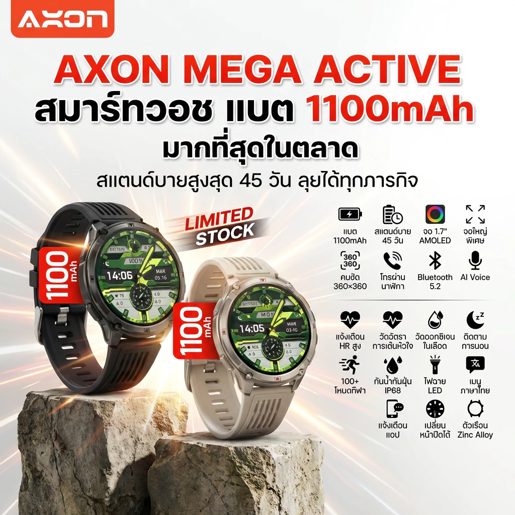 Axon Mega Active Smart watch จอ Amoled 1.70" โหมดกีฬา 100+ รับสาย คุยผ่านนาฬิกา IP68 กันน้ำ กันฝน รับประกัน 2 ปี thumbnail 4