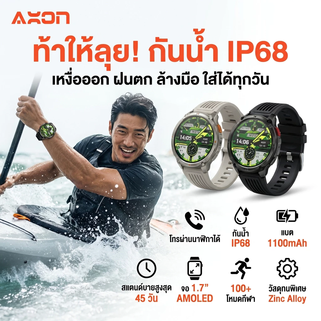 Axon Mega Active Smart watch จอ Amoled 1.70" โหมดกีฬา 100+ รับสาย คุยผ่านนาฬิกา IP68 กันน้ำ กันฝน รับประกัน 2 ปี thumbnail 5
