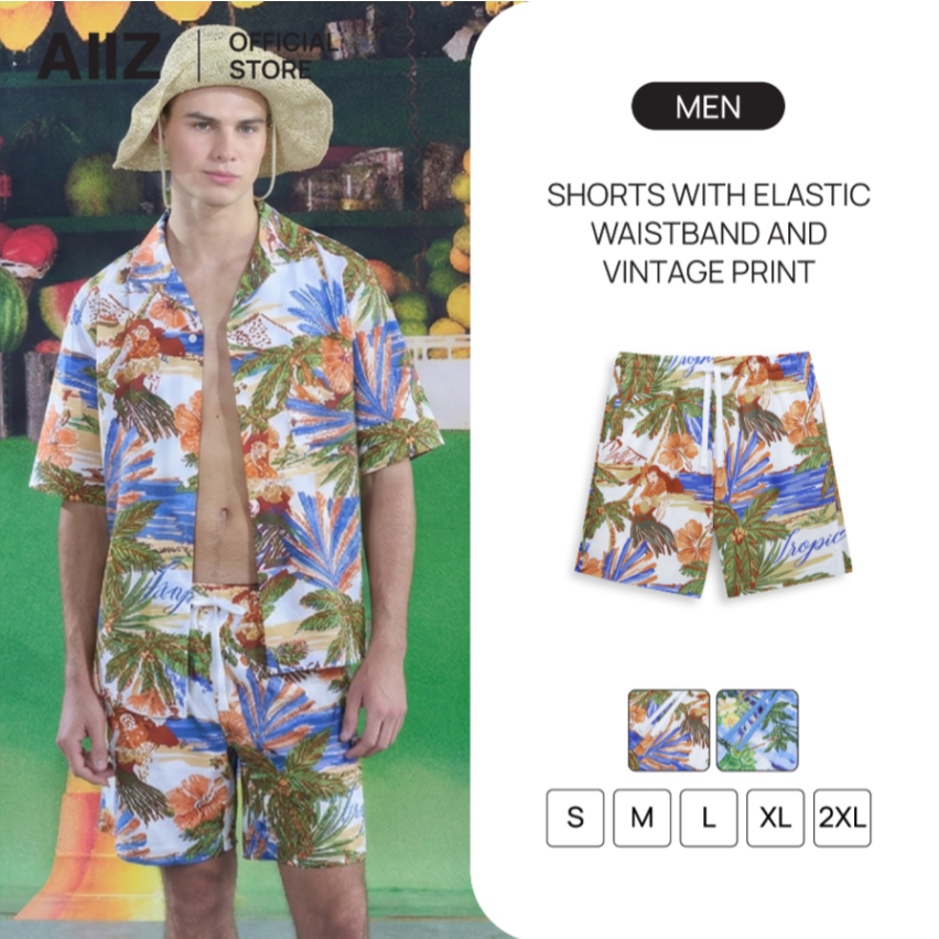 AIIZ กางเกงขาสั้นผู้ชายเอวยางยืดพิมพ์ลายวินเทจ