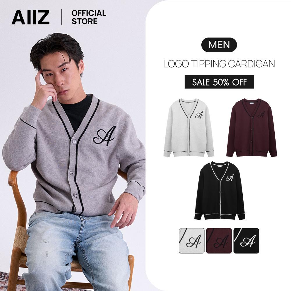 AIIZ เสื้อคาร์ดิแกนคอวีผู้ชายผ้าถัก AIIZ Men's A Logo Tipping Cardigan