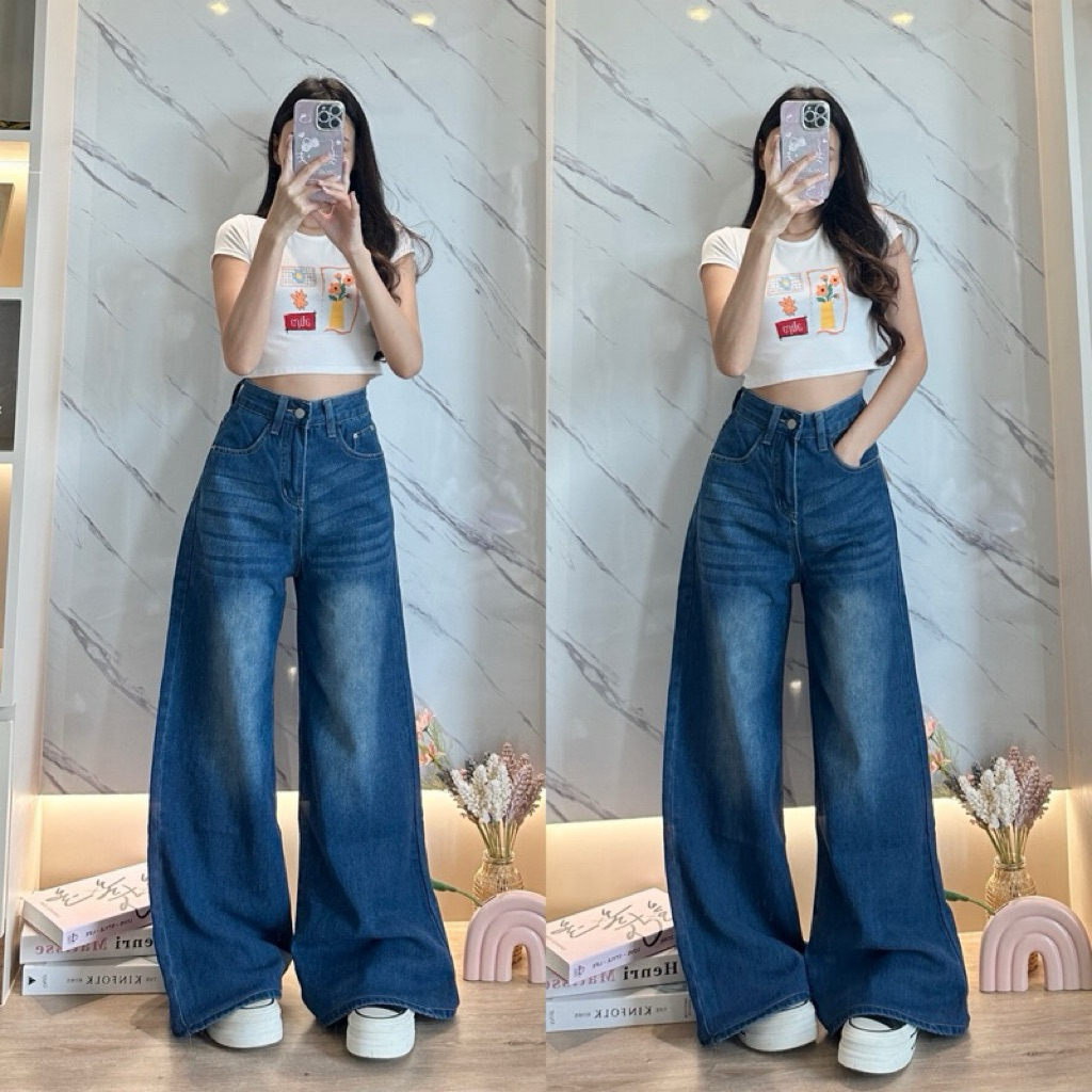 Baggy Jeans : CHANA สีเข้มเฟด “ #018 (B532) กางเกงยีนส์ขาบานเอวสูง งานเทรนด์รุ่นขายดี ผ้าไม่ยืด