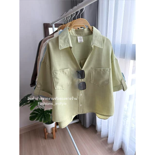 [อก 44] เสื้อเชิ๊ตคอวีกระเป๋าคู่ผ้าคอตตอนผสมเนื้อบาง (XC4)