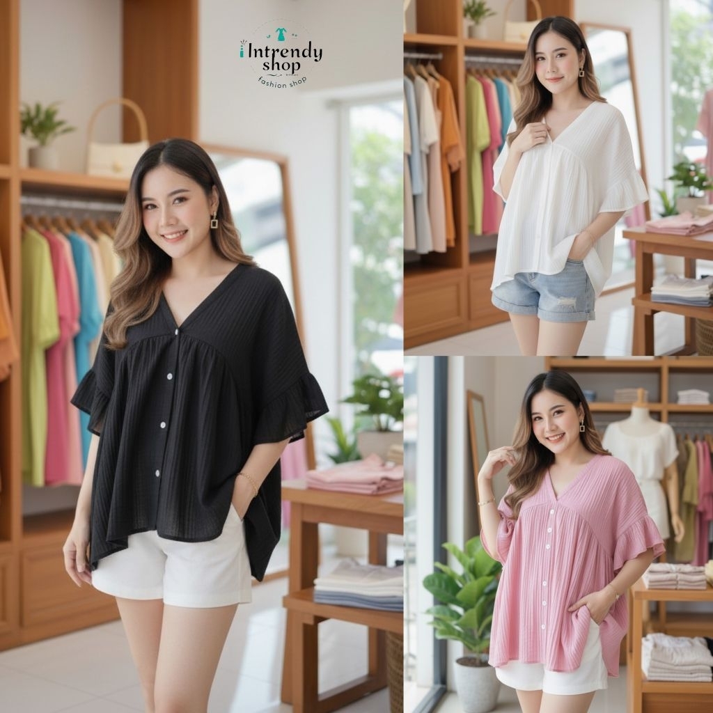 ใหม่.เสื้อผูกหลัง แขนระบายสาวอวบ Over size {Free size:32 - 46 นิ้ว}ใส่สวย ใส่สวย( หน้าผ้า 50 นิ้ว)เป็นคอตตอนลินิน