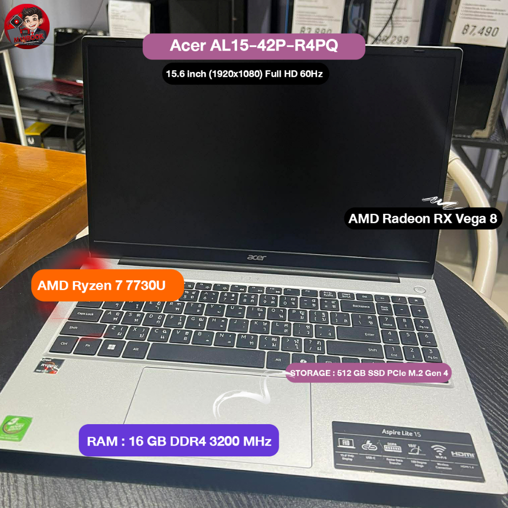 โน๊ตบุ๊คมือสองแรงๆ Notebook Acer AL15-42P-R4PQ Ryzen 7 7730U/16 GB/M.2512GB/RX Vega 8 สเปคทำงานลื่นๆ