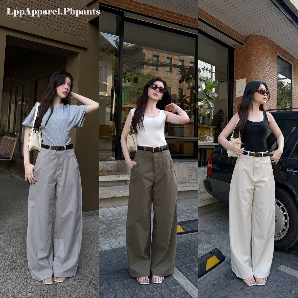 พร้อมส่ง กางเกงขากว้าง ทรงบาเรลบานออก เอวสูงกระเป๋าหน้า ใส่สวยพรางหุ่น รุ่น Wide-Leg PBPants