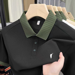 เสื้อโปโลแขนสั้นผู้ชาย สีเขียว คอปก ผ้าฝ้ายเนื้อนุ่ม สไตล์คลาสสิก สวมใส่สบาย