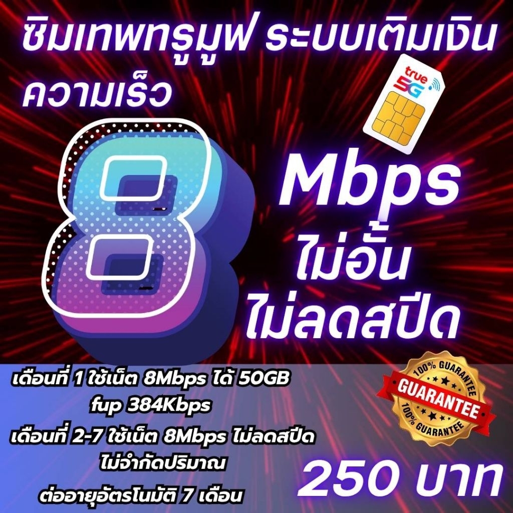เน็ตเร็ว 8 Mbps ไม่อั้นไม่ลดสปีด + โทรฟรีทุกเครือข่าย 24 ชั่วโมง