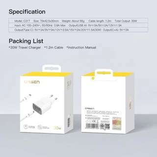 ใหม่ Orsen by Eloop ชุดชาร์จ C31T หัวชาร์จเร็ว GaN 30W 2 พอร์ต USB Type C PD QC PPS Adapter Fast Charge