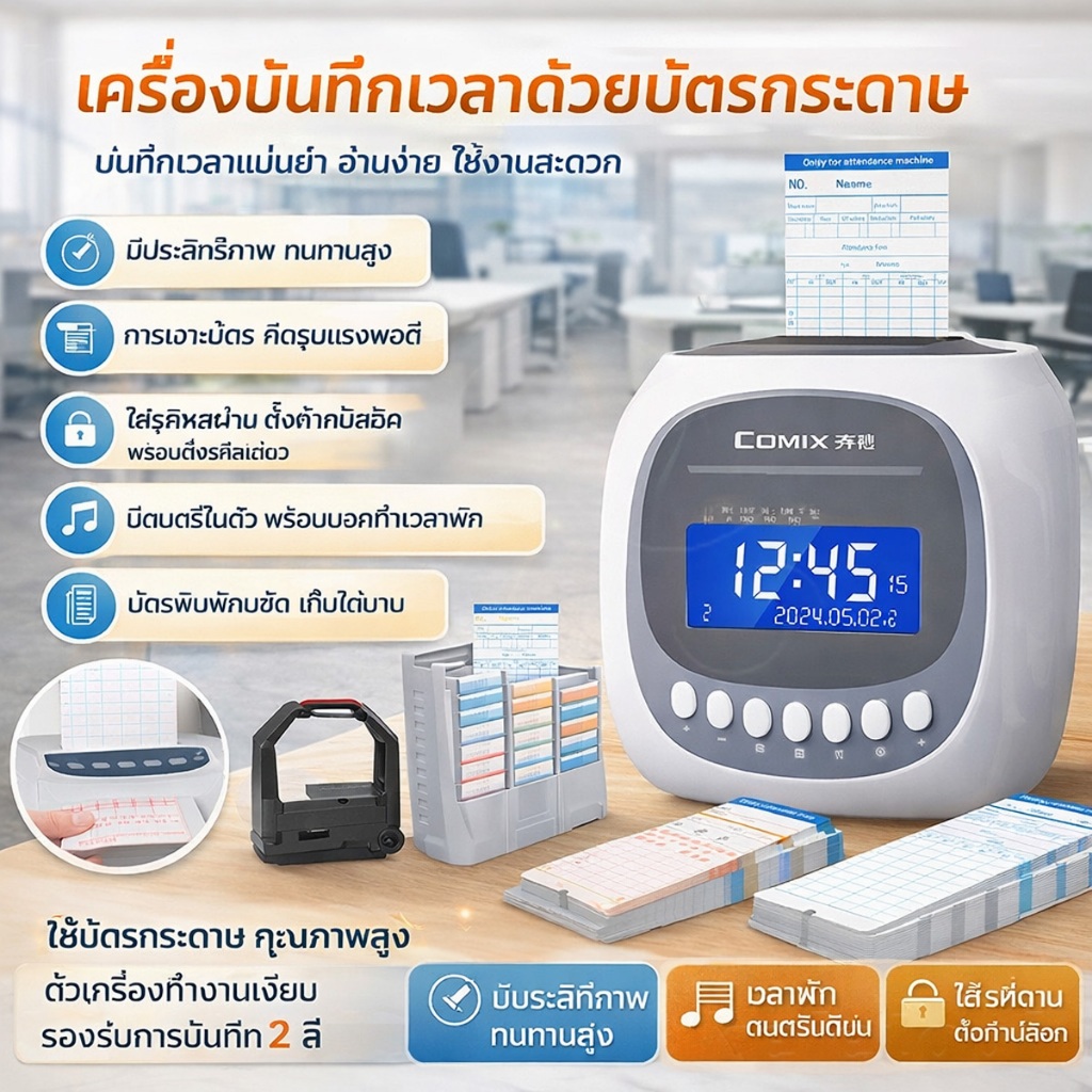 เครื่องตอกบัตร เครื่องลงเวลา โรงงาน สถานก่อสร้าง สำนักงาน เครื่องลงเวลาบัตรกระดาษ แจกกระดาษเข้าร่วมประชุม 150PC