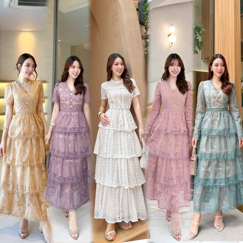 S-XXL ชุดเดรสลูกไม้คอวี กระโปรงขนมชั้น สีขาว,ชมพู,ม่วง,แดง,ทอง,เขียว ใส่ออกงาน ทำงาน ไปงานแต่ง งานบุญ งานบวช #Abigail