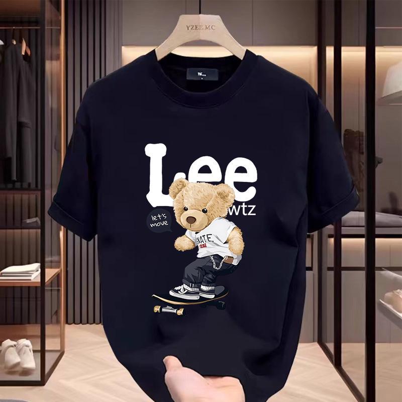 เสื้อยืดสำหรับผู้ชายสไตล์ฮิปสเตอร์ฤดูร้อน เสื้อสั้นลายหมีการ์ตูนและตัวอักษรหลวมๆสบาย