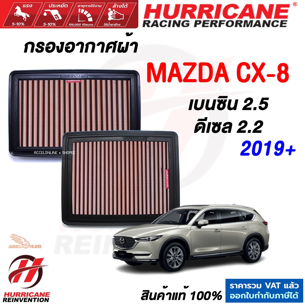 Hurricane กรองอากาศ Mazda CX-8 เบนซิน 2.5, ดีเซล 2.2 ใส้กรองอากาศ ล้างได้ เพิ่มแรงม้า มาสด้า CX8