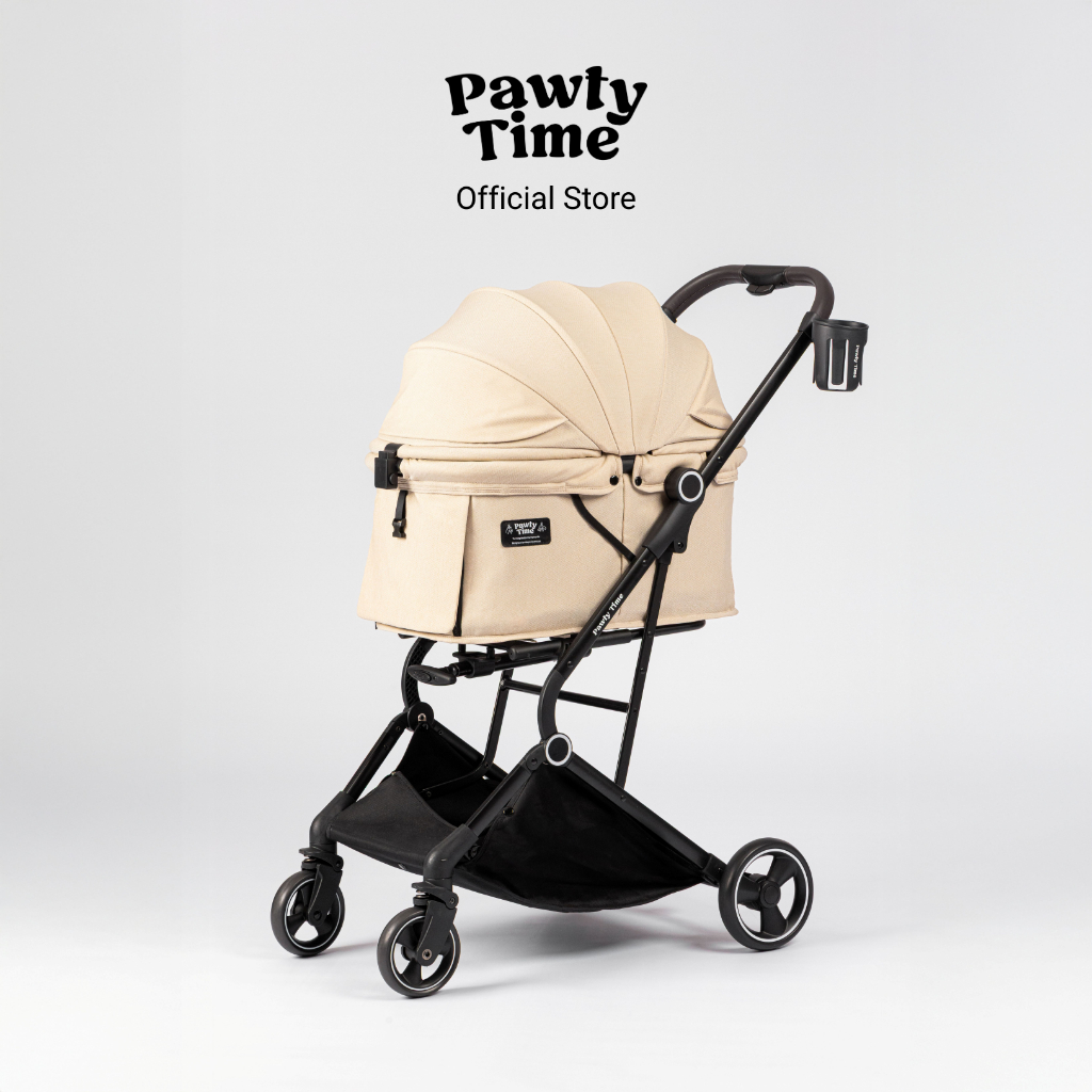 Pawty Time รถเข็นสัตว์เลี้ยง รถเข็นหมาแมว รุ่น Aero สี Latte พับง่าย แข็งแรง เบา มีที่ลาก รับน้ำหนักได้ 25 กก.
