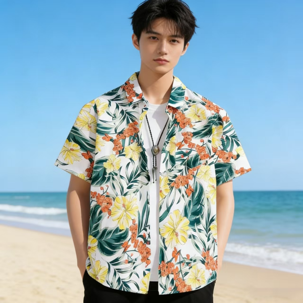 พร้อมส่งในไทย เสื้อสงกรานต์เสื้อเชิ้ตลายตอก เสื้อฮาวายชาย เนื้อผ้าดีใส่สบายไม่ร้อน