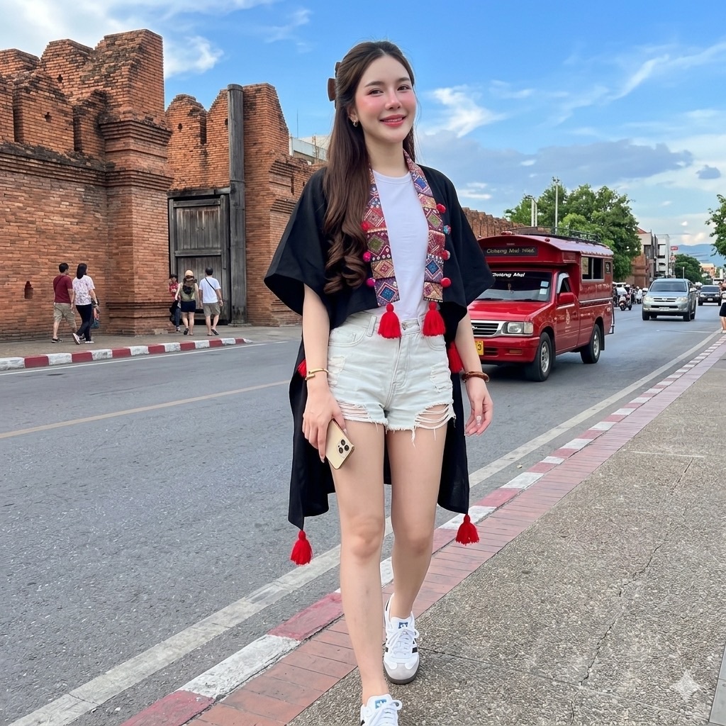 LANNA - เสื้อคลุมค้างคาว แบบหน้าสั้นหลังยาว สาวอวบสาวอ้วนใส่ได้ ผ้าฝ้ายเชียงใหม่นุ่มมาก ใส่พู่ม้งชายเสื้อสีแดง