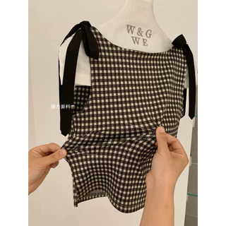 📍พร้อมส่ง📍9017# เสื้อแขนกุด ลายสกอต มีโบว์ผูกช่วงไหล่ เนื้อผ้าดี งานสวย TAG:WG.WE 🇰🇷