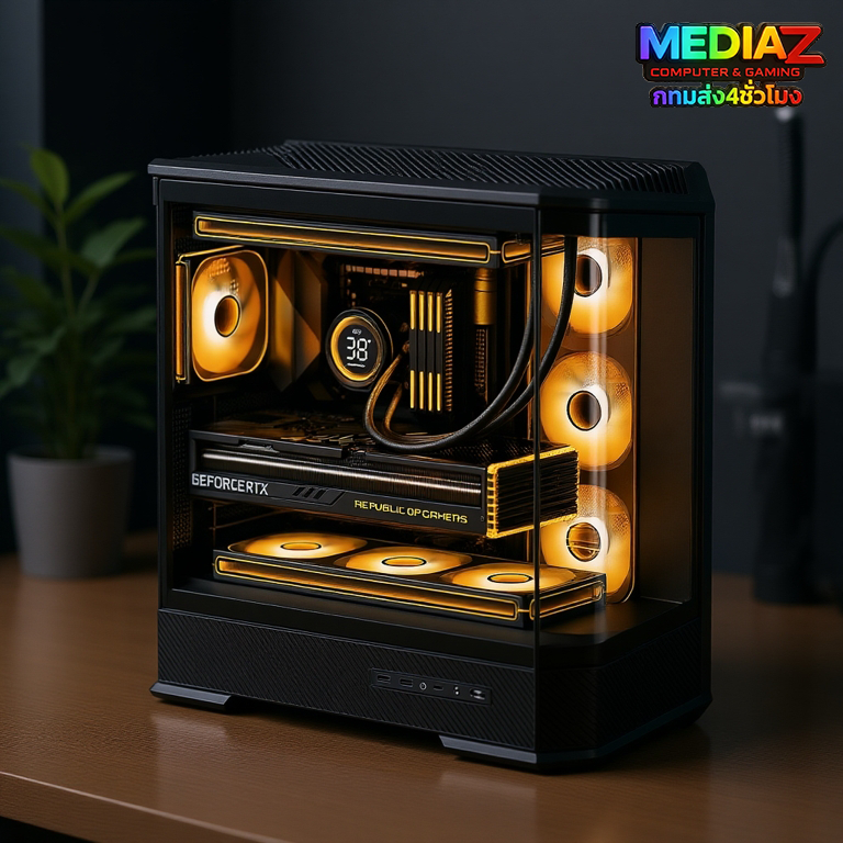 ส่งไว เคส ATX การ์ดจอตั้งได้ กระจกโค้งหนา ทรงตู้ปลา สีดำ ขาว MediaZShop D400 Black Case Jonsbo