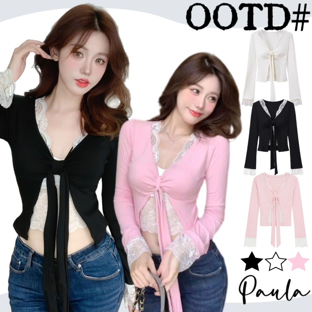 Paula พร้อมส่ง🌴เสื้อยืดแขนยาว🌴เสื้อลูกไม้สองชั้นติดกัน ใส่แล้วดูผอม  แฟชั่น คอวี มีเชื่อกผูกโปว์ได้ ทรงเข้ารูป ไปคาเฟ่