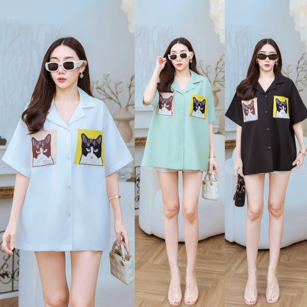 P1804 PrimmmStory เสื้อเชิ้ตOversizeลายแมว
