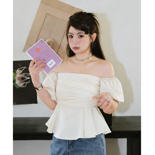Elly พร้อมส่ง🦄งเสื้อเปิดไหล่ เสื้อครอปแขนพอง🦄เสื้อครอป เสื้อปาดไหล่ ชุดไปทะเลผ้าร่องน่ารัก sexy lady เรียบหรู