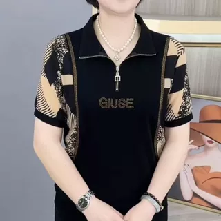 เสื้อตัวเล็กสำหรับคุณแม่ต่อลายใหม่ปี 2026 เสื้อเชิ้ตคอเปิดครึ่งซิปสำหรับวัยกลางคนและผู้สูงอายุ เสื้อแขนสั้นประดับพลอยเที