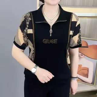 เสื้อตัวเล็กสำหรับคุณแม่ต่อลายใหม่ปี 2026 เสื้อเชิ้ตคอเปิดครึ่งซิปสำหรับวัยกลางคนและผู้สูงอายุ เสื้อแขนสั้นประดับพลอยเที