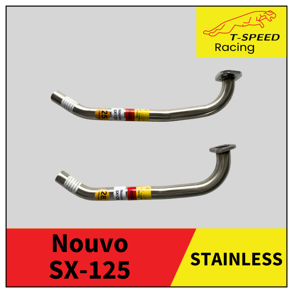 [ฟรีประเก็นปากท่อ] คอท่อ Yamaha Nouvo SX-125 สแตนเลส 304/ เหล็กชุบ Size 25/ 28 mm.
