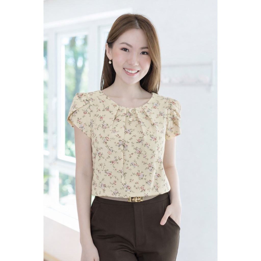 Narinari : MT0503 Folded Neckline Crinkled Blouse – ผ้าอัดย่น